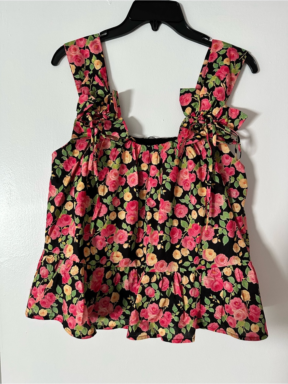 Floral Tie-Shoulder Peplum Tank Top - Black with Pink & Yellow Roses